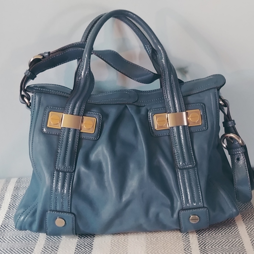 B. Makowsky Blue Leather Satchel Bag - Picture 1 of 8